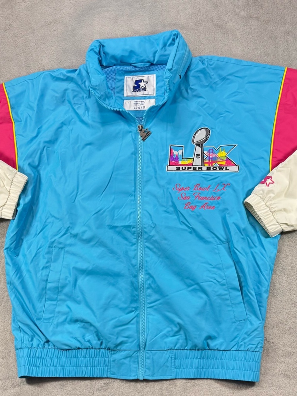 NWT Starter Super Bowl 50 Jacket San Francisco Bay Area LX Teal White Large Hood